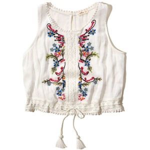 Hollister Embroidered Ivory Cropped Tank Top XS